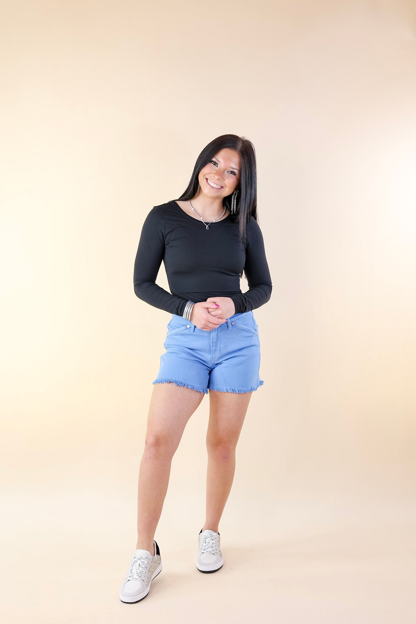 Judy Blue | Sunlight Spectrum Garment Dyed Fray Hem Shorts in Sky Blue Wash - Giddy Up Glamour Boutique
