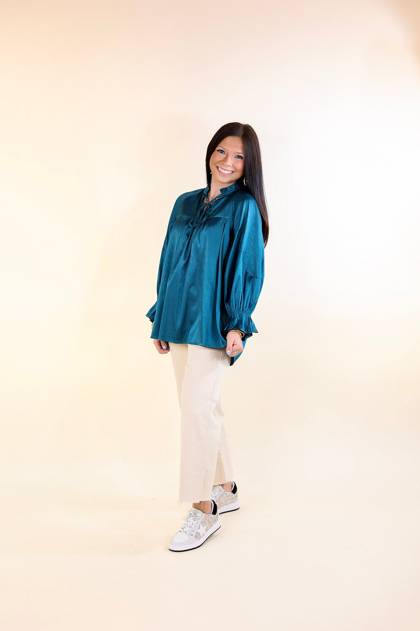 Sunset Situation Front Tie Keyhole Blouse in Teal Blue