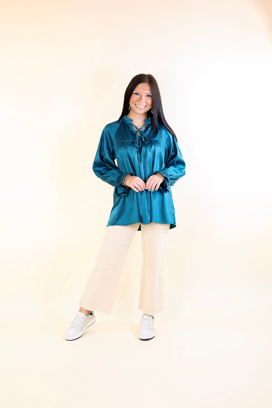 Sunset Situation Front Tie Keyhole Blouse in Teal Blue