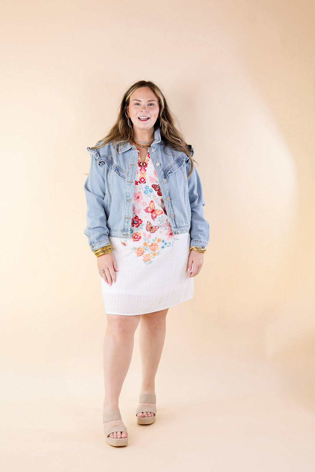 Sweeten the Deal Ruffle Detail Cropped Denim Jacket in Light Wash - Giddy Up Glamour Boutique