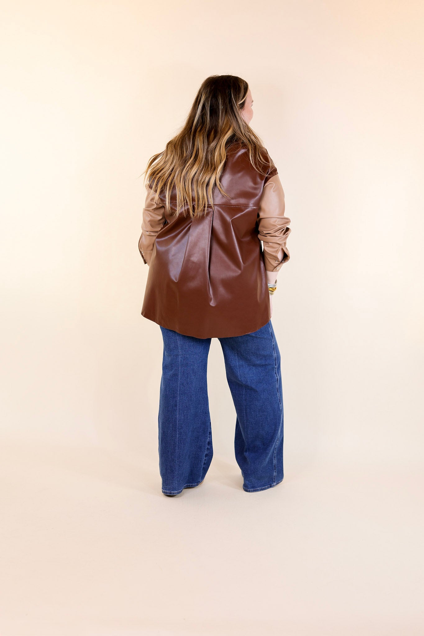 Autumn Event Faux Leather Color Block Shacket in Brown Mix