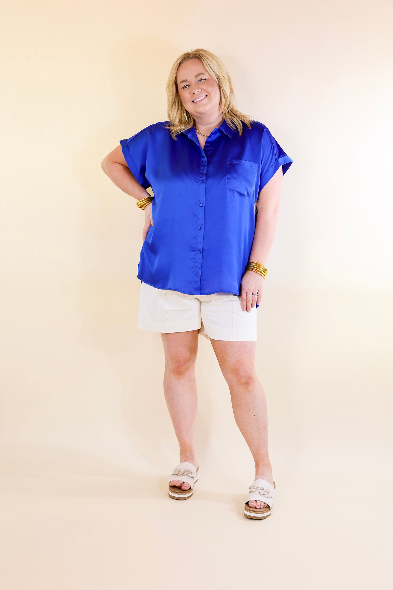 Free To Be Fab Button Up Short Sleeve Top in Royal Blue