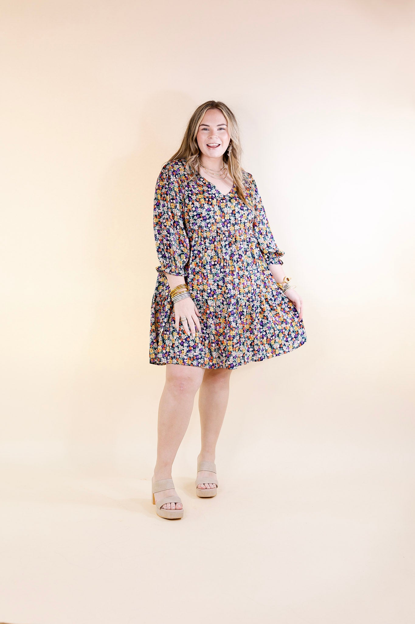 Pretty Personality Tiered Floral Dress in Navy Blue