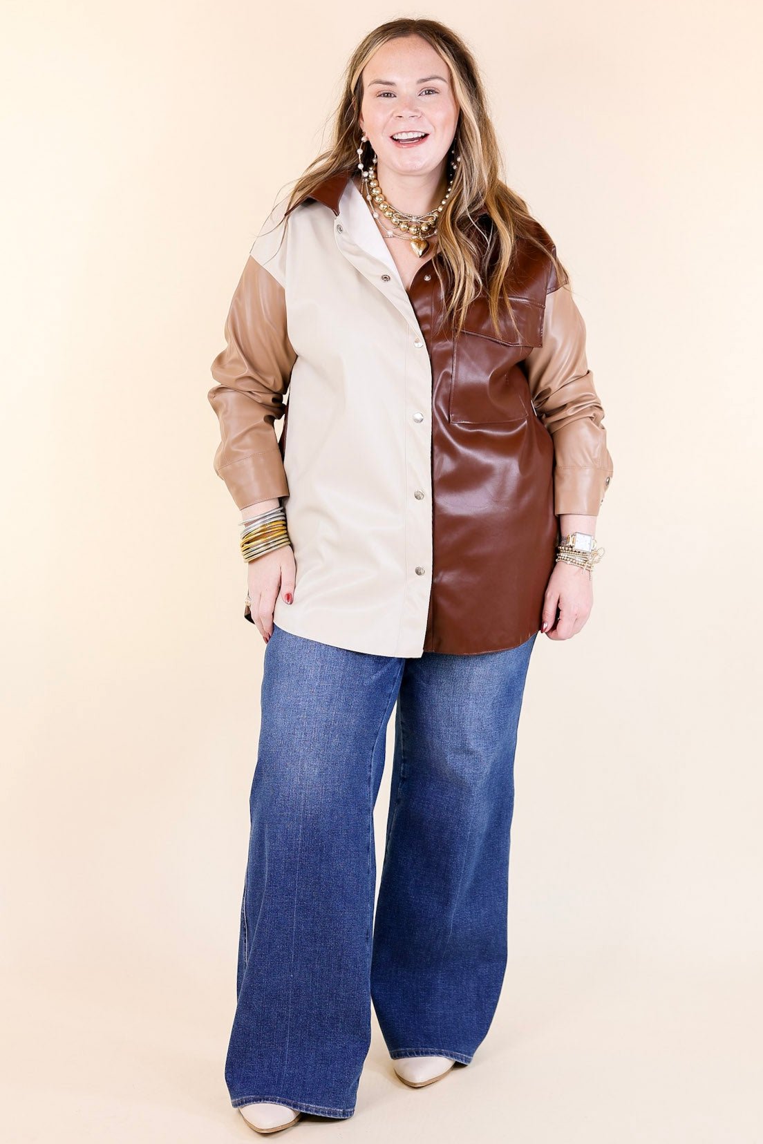 Autumn Event Faux Leather Color Block Shacket in Brown Mix