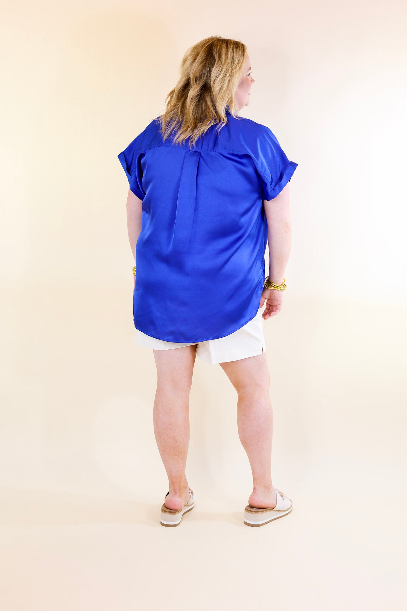 Free To Be Fab Button Up Short Sleeve Top in Royal Blue