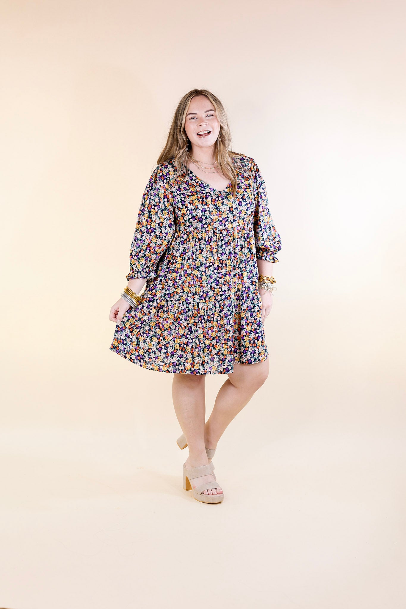 Pretty Personality Tiered Floral Dress in Navy Blue