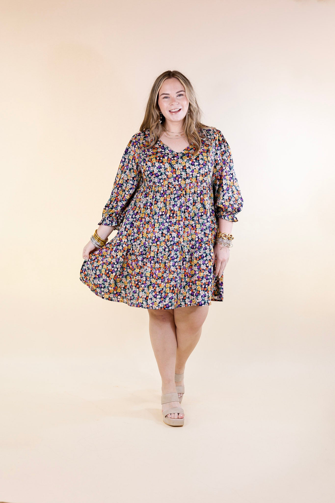 Pretty Personality Tiered Floral Dress in Navy Blue