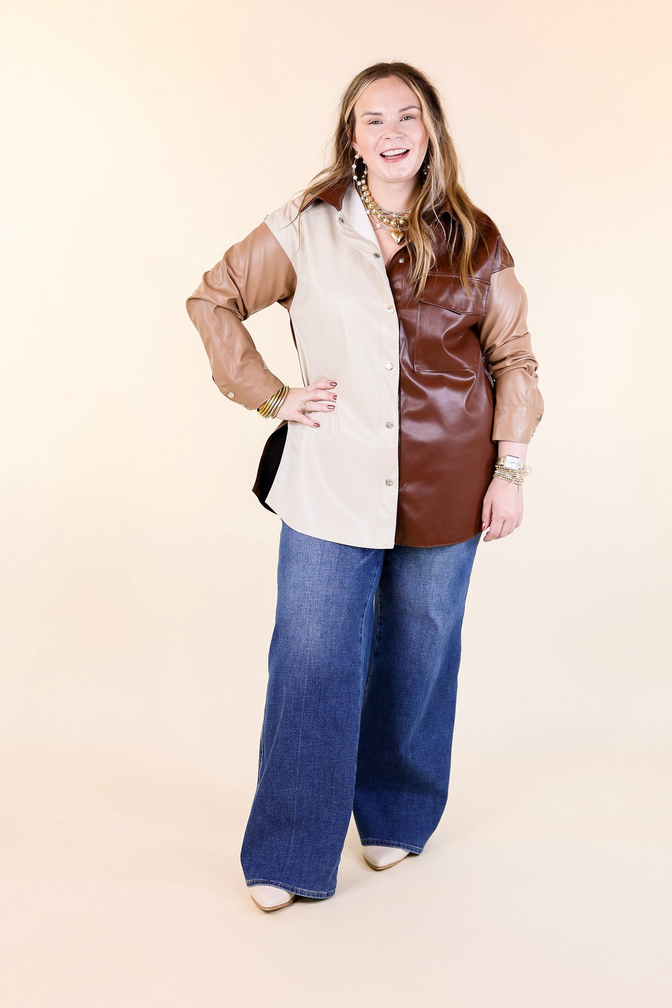 Autumn Event Faux Leather Color Block Shacket in Brown Mix