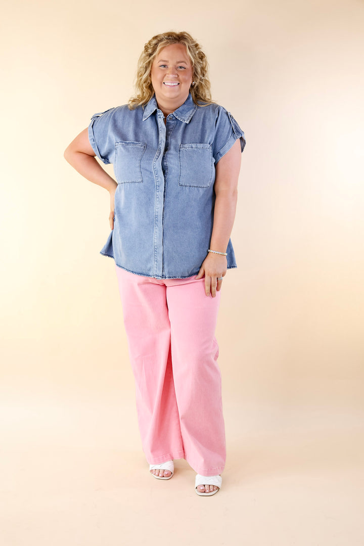 Fast Forward Denim Hidden Button Up Top with Short Sleeves in Medium Wash - Giddy Up Glamour Boutique