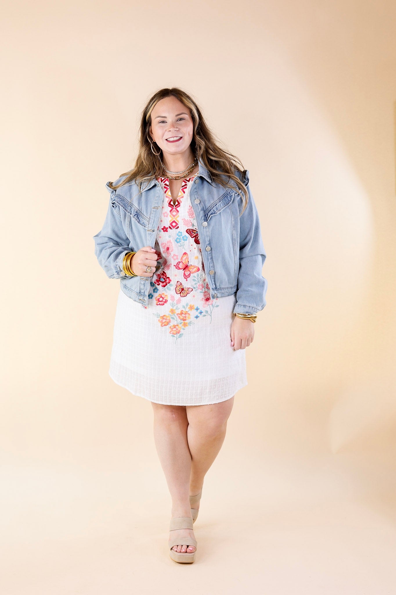 Sweeten the Deal Ruffle Detail Cropped Denim Jacket in Light Wash - Giddy Up Glamour Boutique