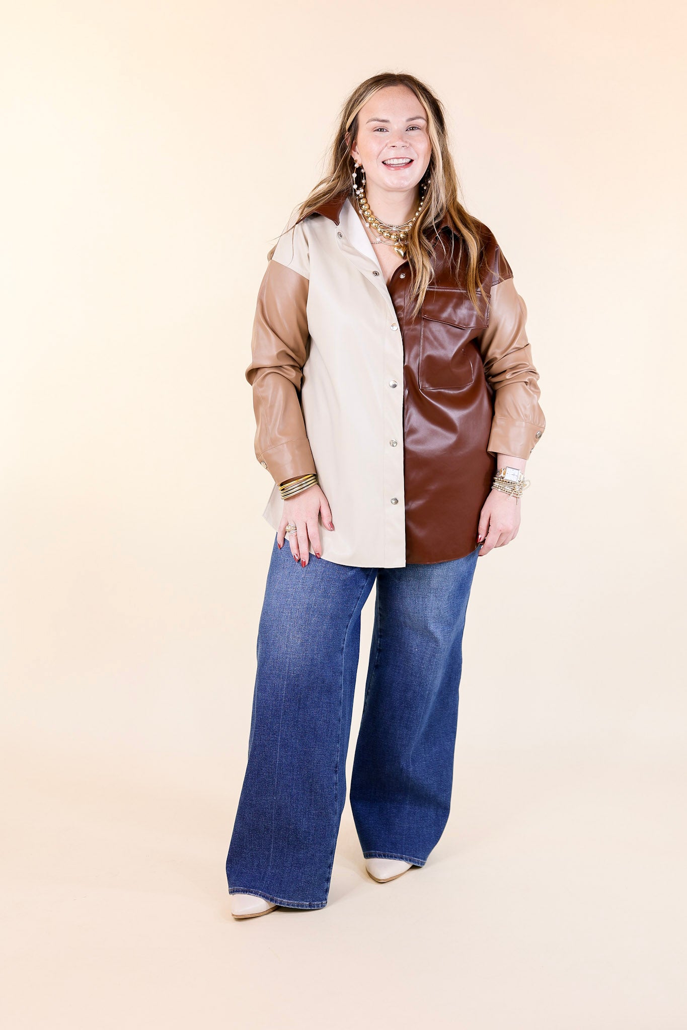 Autumn Event Faux Leather Color Block Shacket in Brown Mix