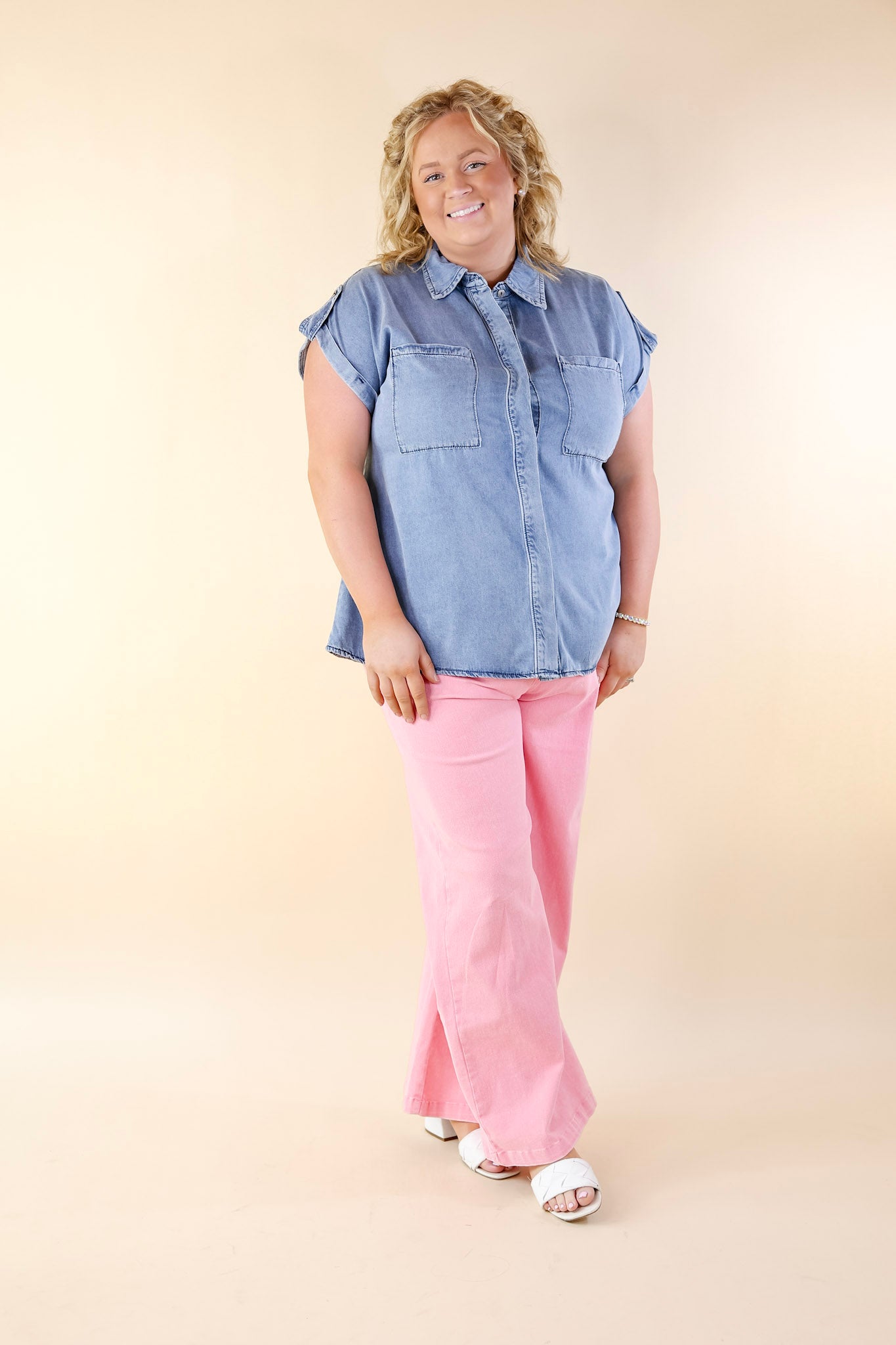 Fast Forward Denim Hidden Button Up Top with Short Sleeves in Medium Wash - Giddy Up Glamour Boutique