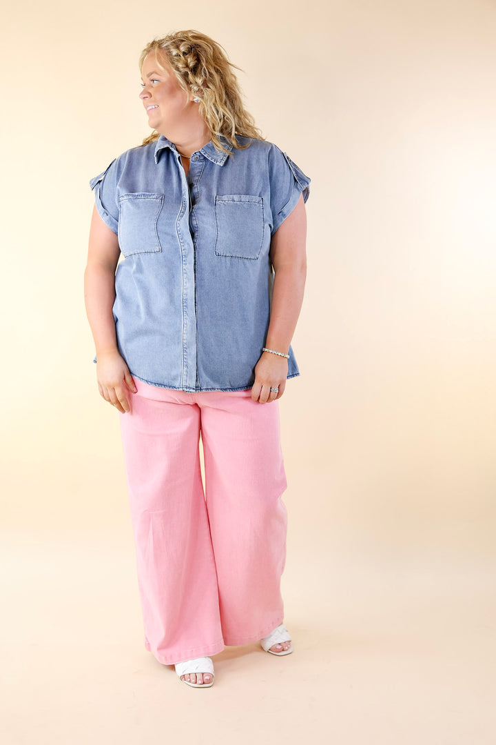 Fast Forward Denim Hidden Button Up Top with Short Sleeves in Medium Wash - Giddy Up Glamour Boutique