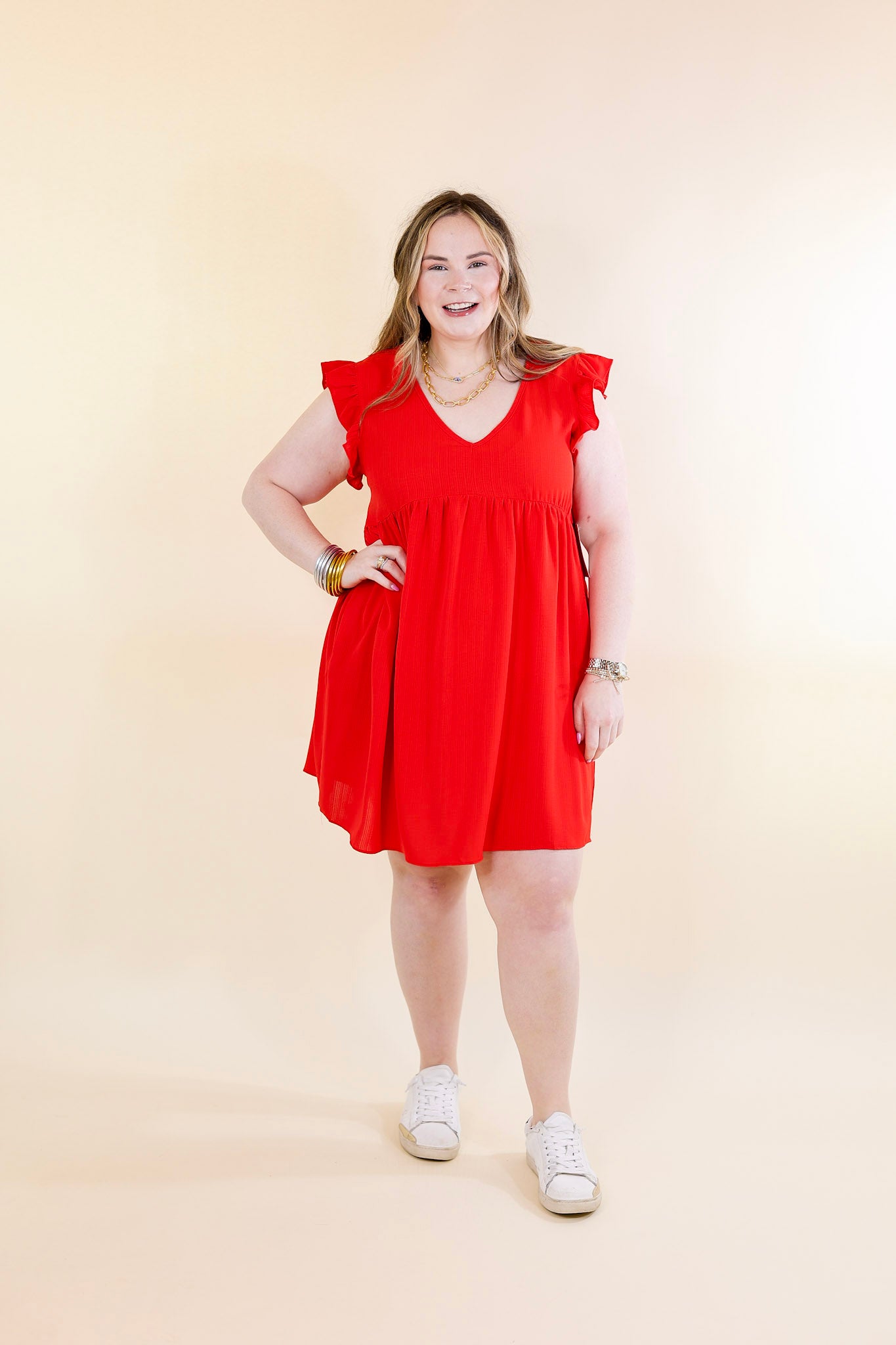 Capture Your Attention V Neck Dress with Ruffle Cap Sleeves in Red