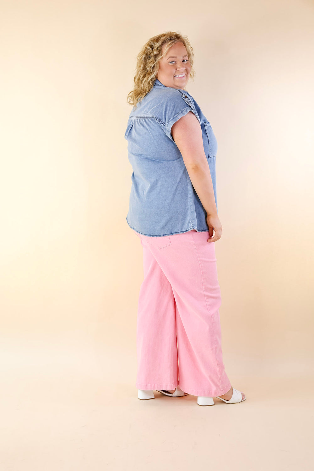 Fast Forward Denim Hidden Button Up Top with Short Sleeves in Medium Wash - Giddy Up Glamour Boutique