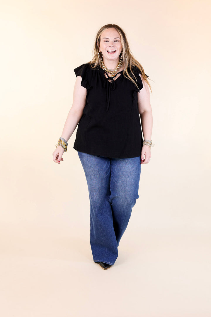 Dual Season Delight Ruffle Cap Sleeve Top with Keyhole and Tie Neckline in Black