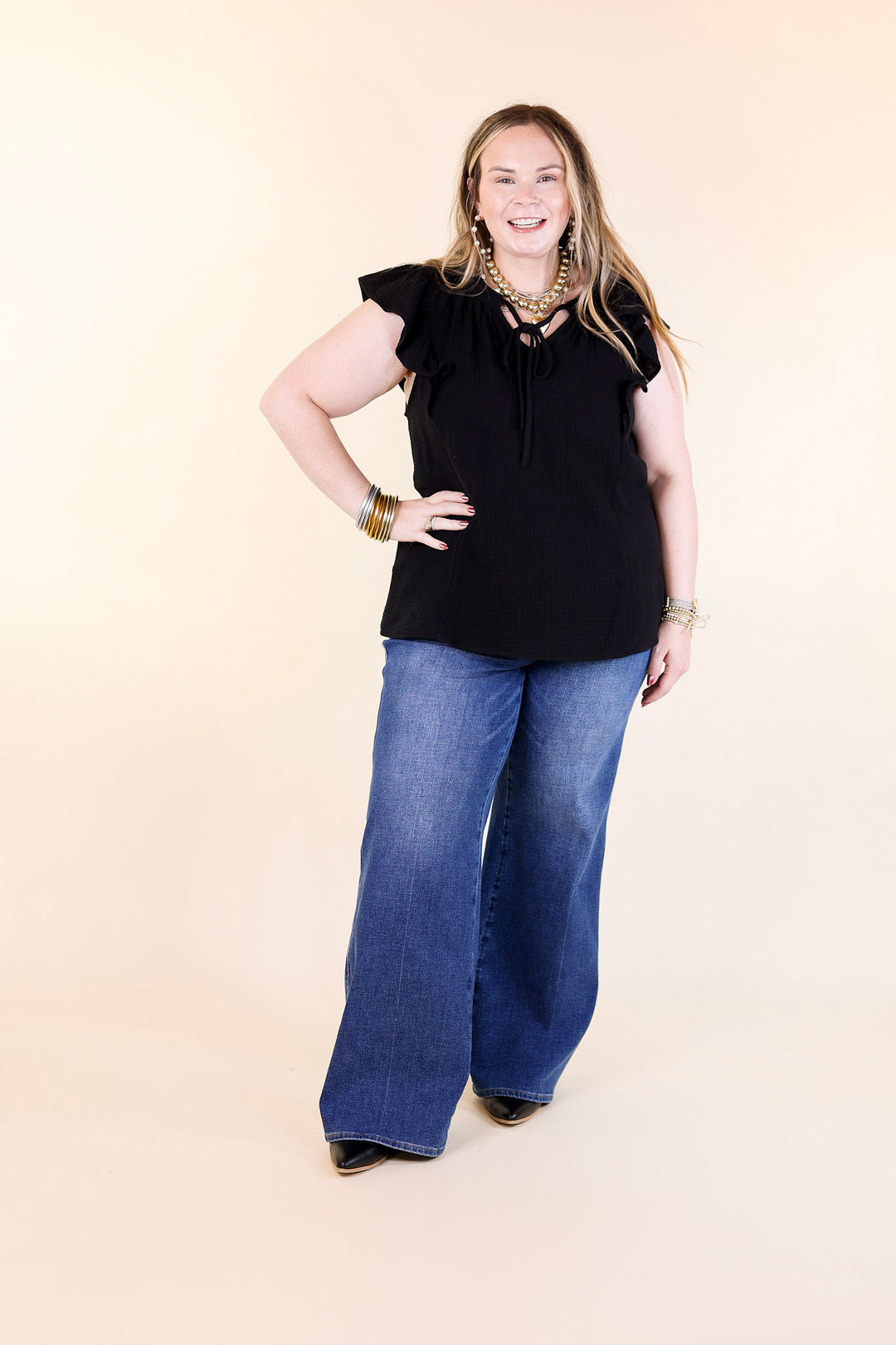 Dual Season Delight Ruffle Cap Sleeve Top with Keyhole and Tie Neckline in Black