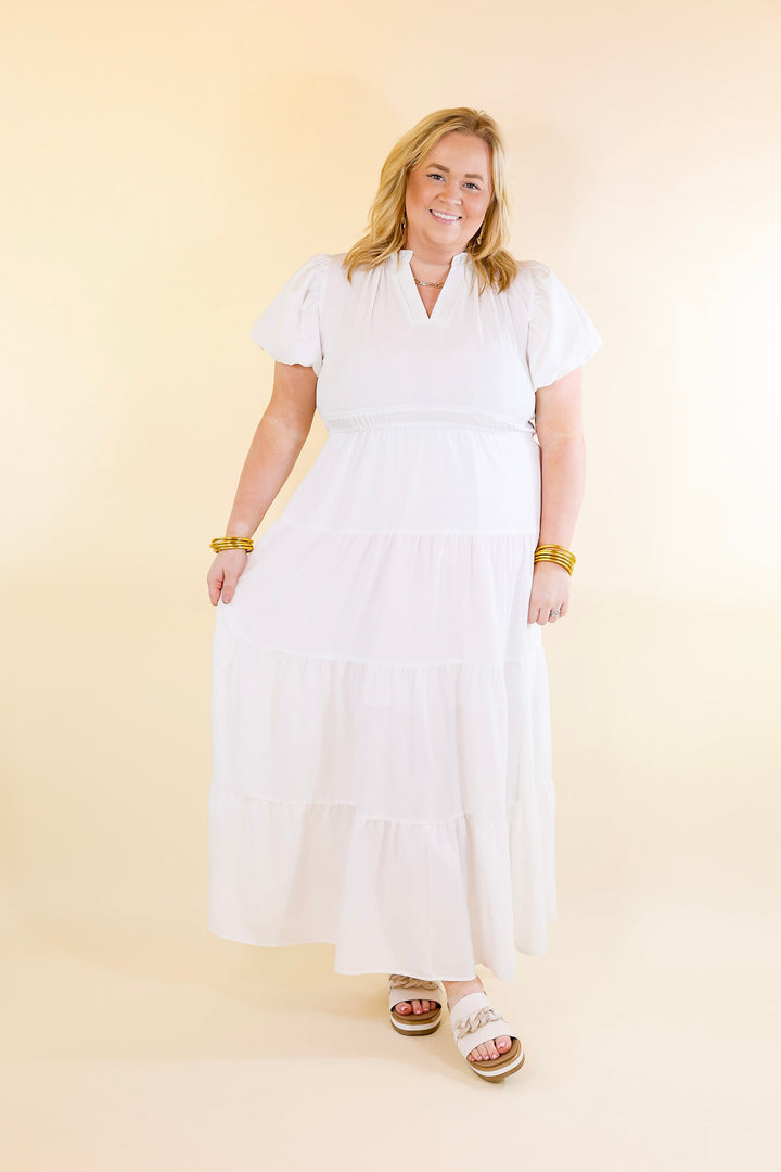 Table for Two Tiered Maxi Dress with Puff Sleeves in White