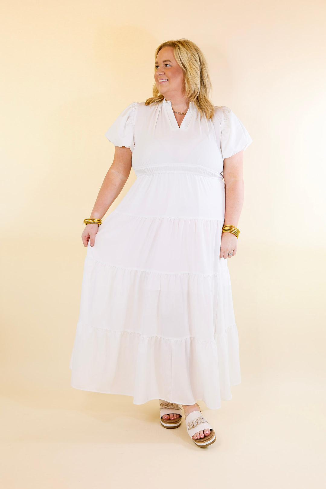 Table for Two Tiered Maxi Dress with Puff Sleeves in White