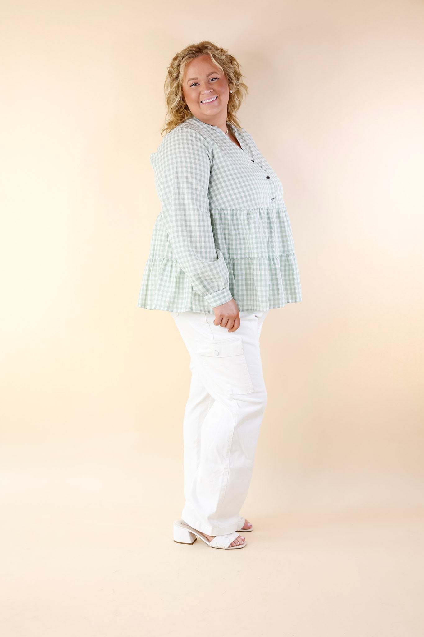 Wonderful Wishes Button Up Gingham Top with Long Sleeves in Sage Green - Giddy Up Glamour Boutique