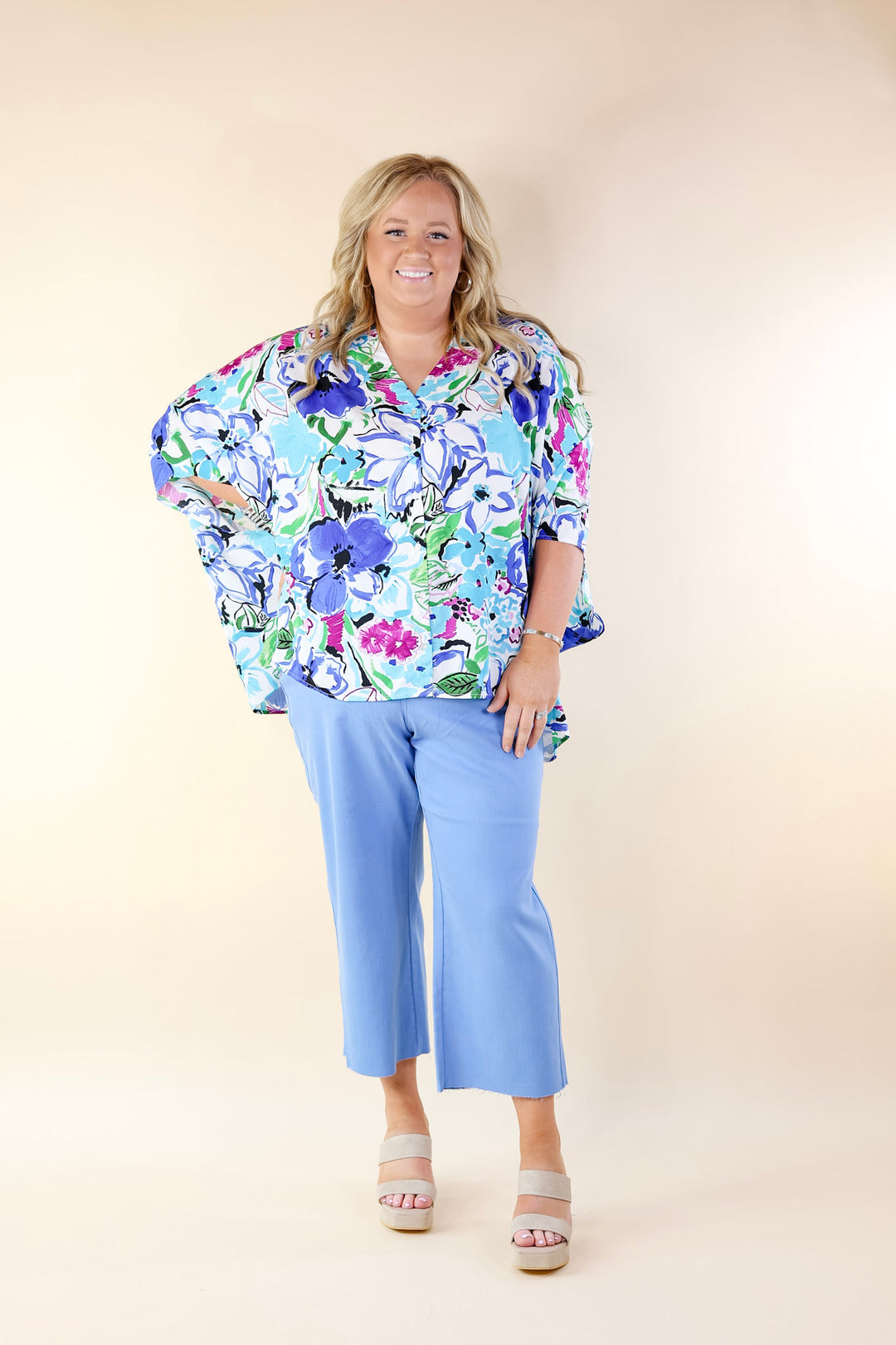 Sailing Away Floral Button Up Poncho Top in Blue Mix - Giddy Up Glamour Boutique