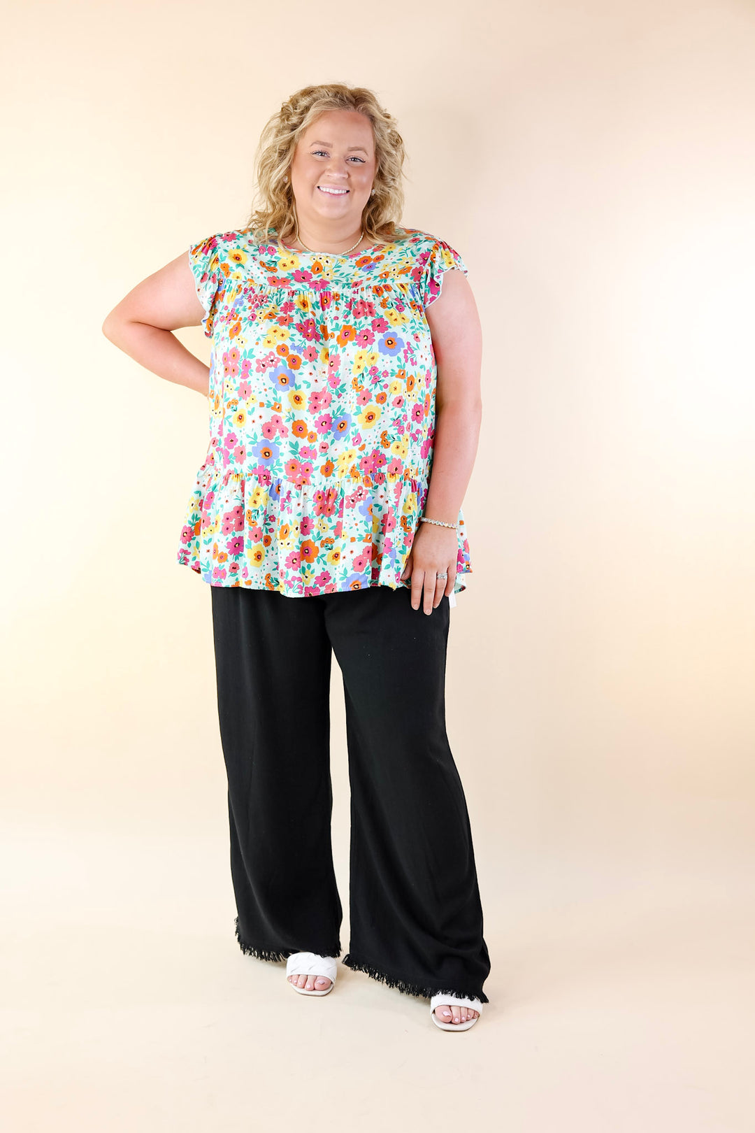 Full of Life Multicolor Floral Ruffle Sleeve Top in Light Green - Giddy Up Glamour Boutique