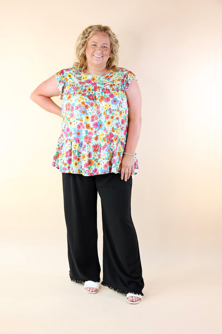 Full of Life Multicolor Floral Ruffle Sleeve Top in Light Green - Giddy Up Glamour Boutique