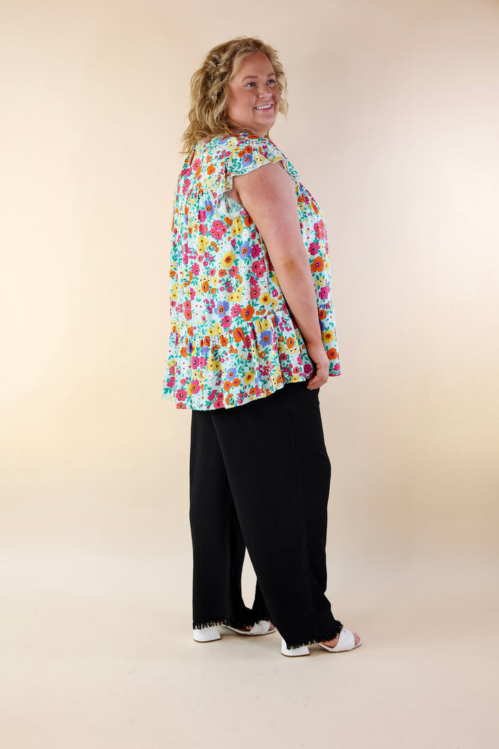 Full of Life Multicolor Floral Ruffle Sleeve Top in Light Green - Giddy Up Glamour Boutique