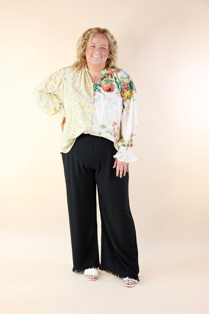 Tulip Time Floral Mix Print Button Up Blouse in Yellow - Giddy Up Glamour Boutique