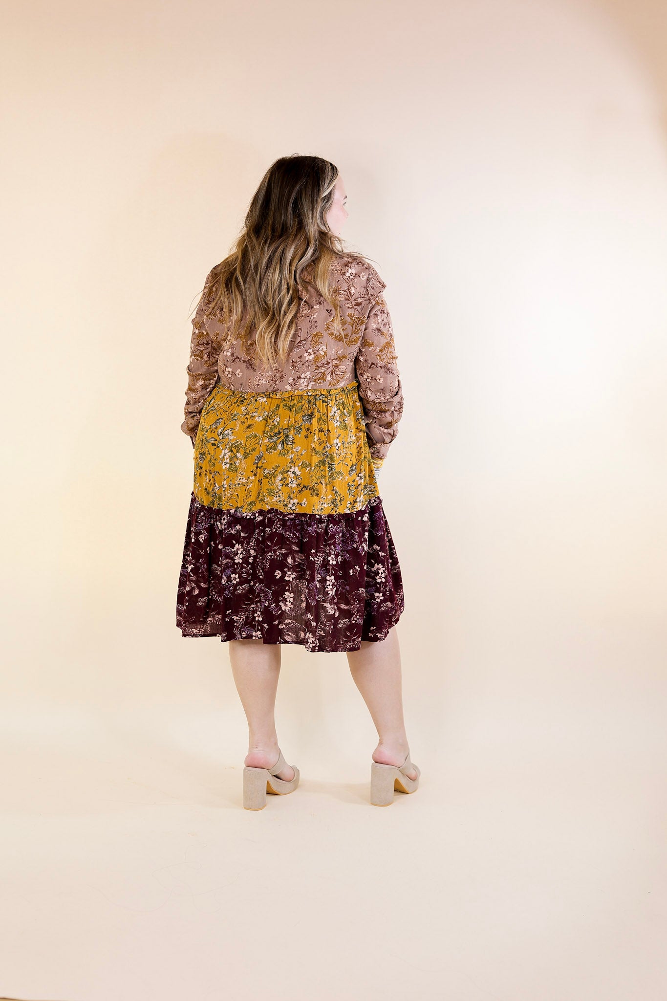 Among the Flowers Floral Ruffle Tier Long Sleeve Dress in Taupe, Mustard, and Burgundy