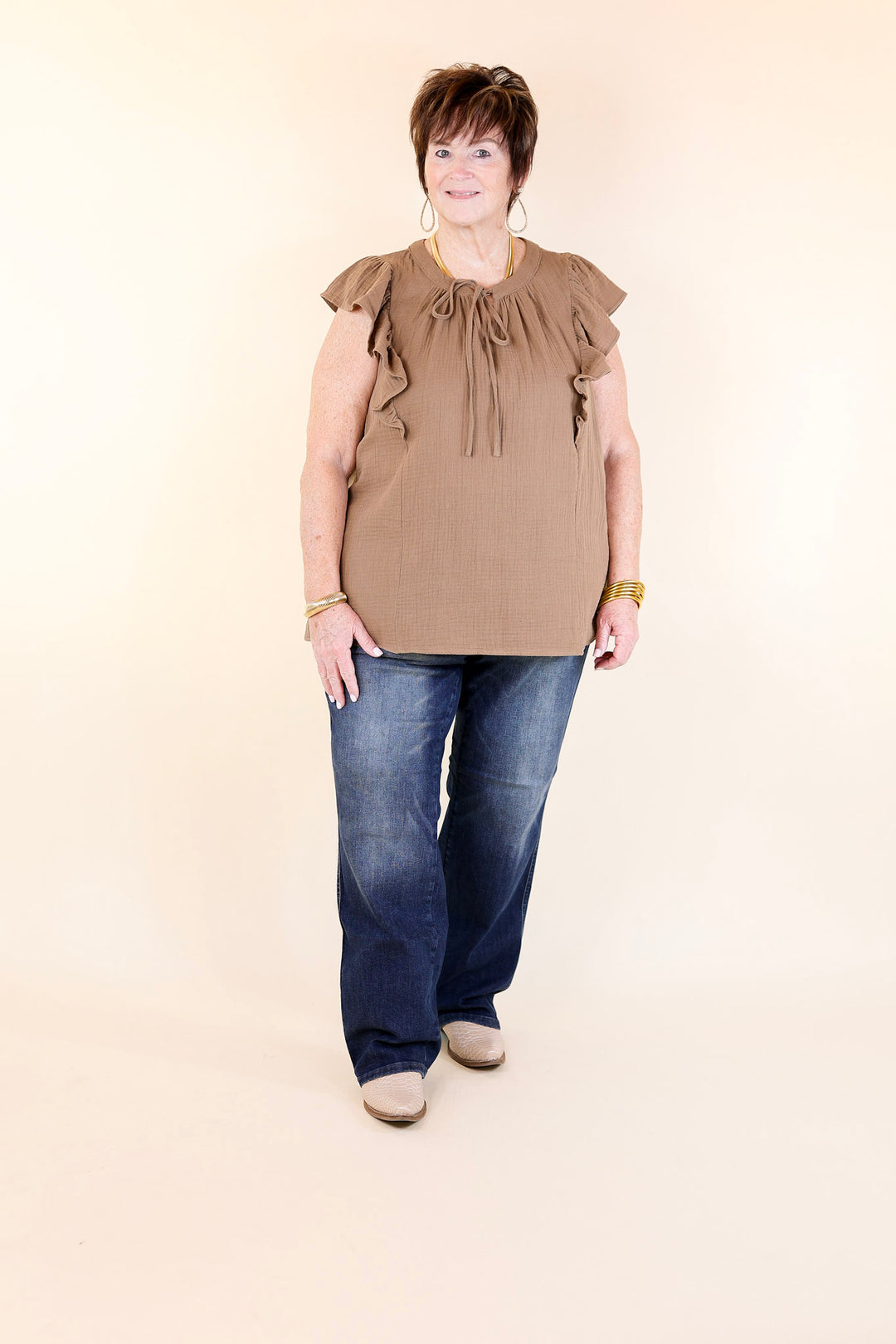 Dual Season Delight Ruffle Cap Sleeve Top with Keyhole and Tie Neckline in Mocha Brown