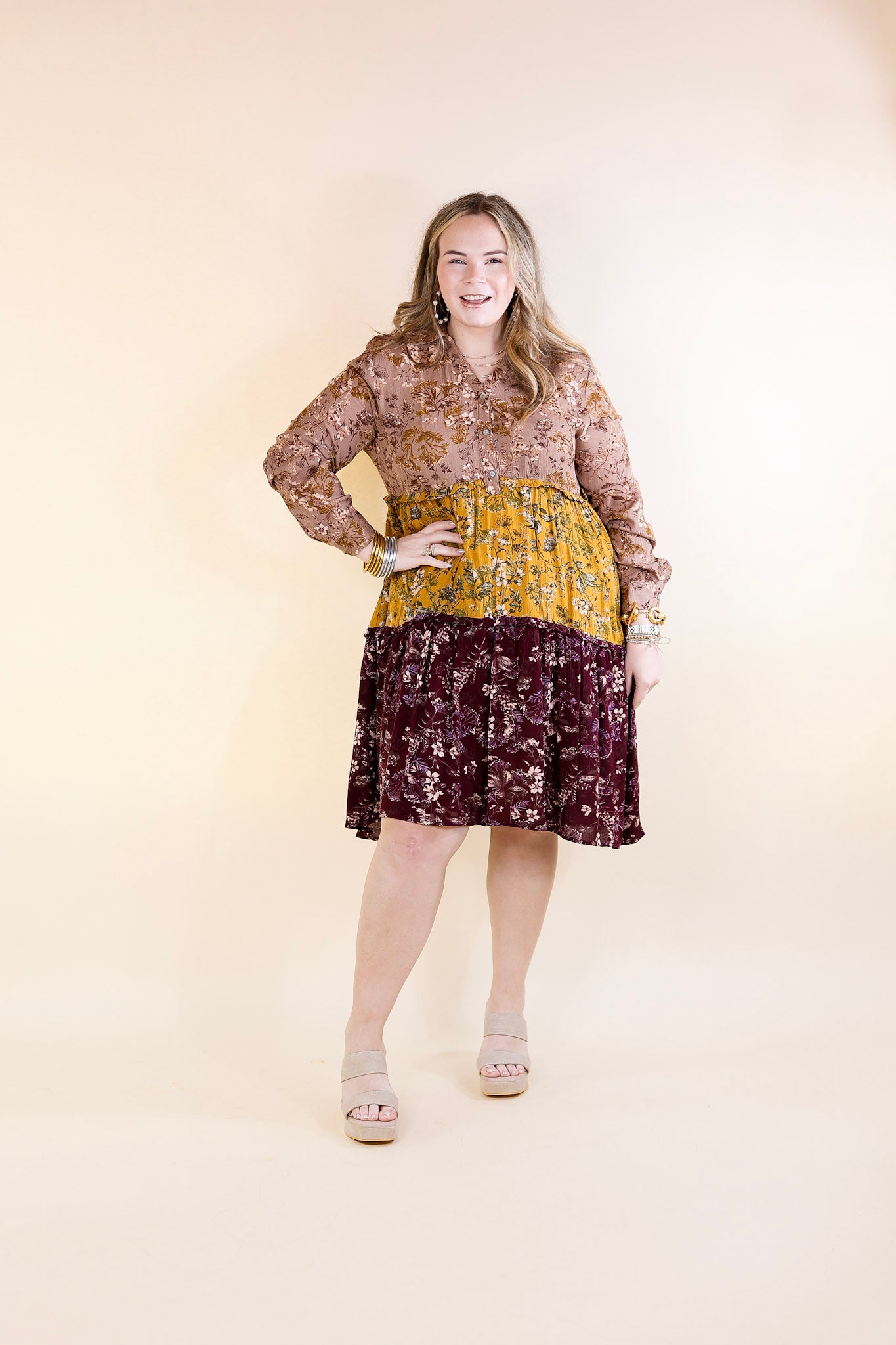 Among the Flowers Floral Ruffle Tier Long Sleeve Dress in Taupe, Mustard, and Burgundy