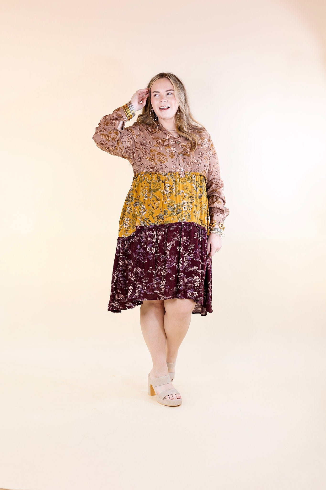 Among the Flowers Floral Ruffle Tier Long Sleeve Dress in Taupe, Mustard, and Burgundy