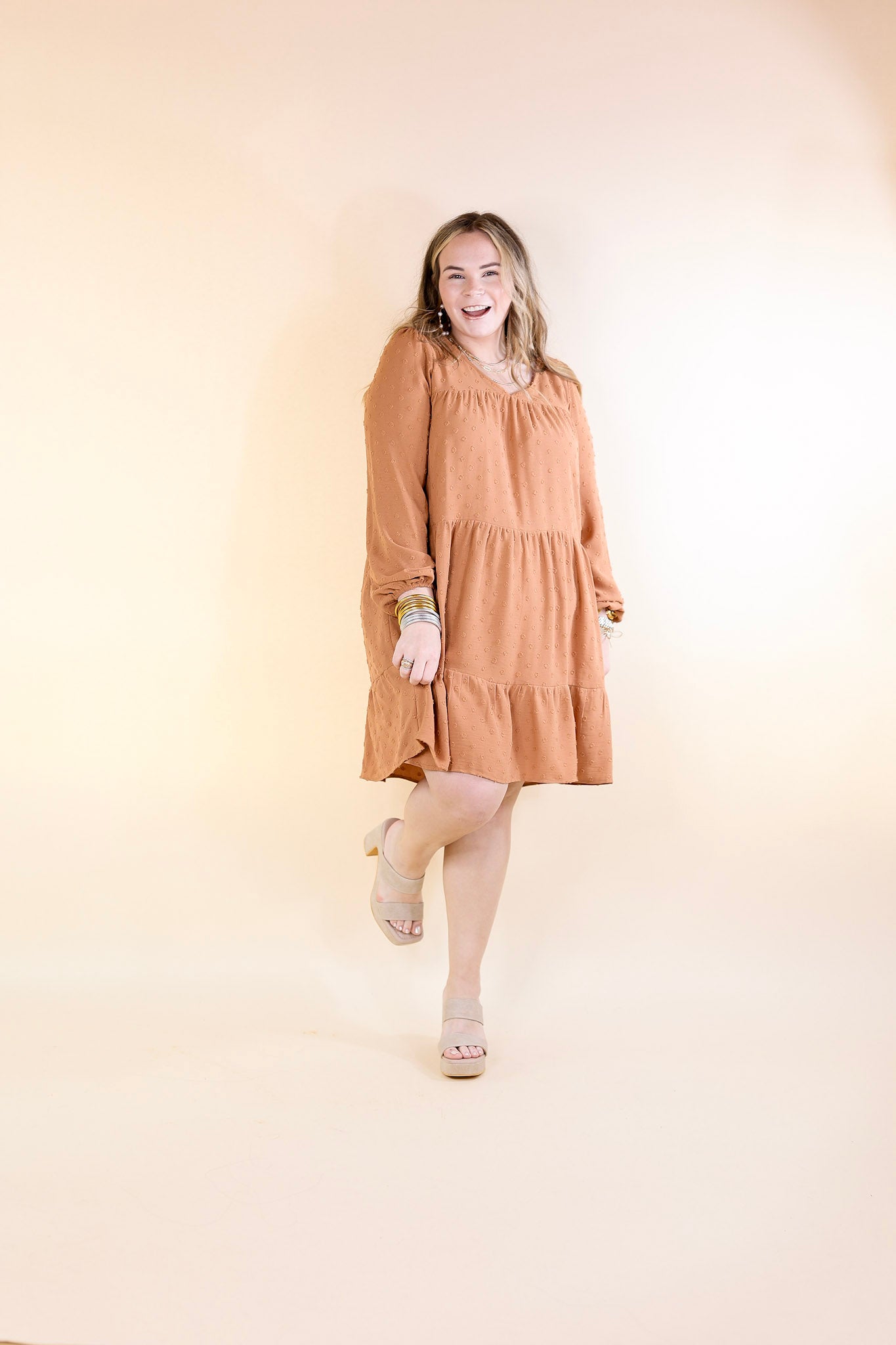 Hey Girl Long Sleeve Swiss Dot Dress in Clay Brown