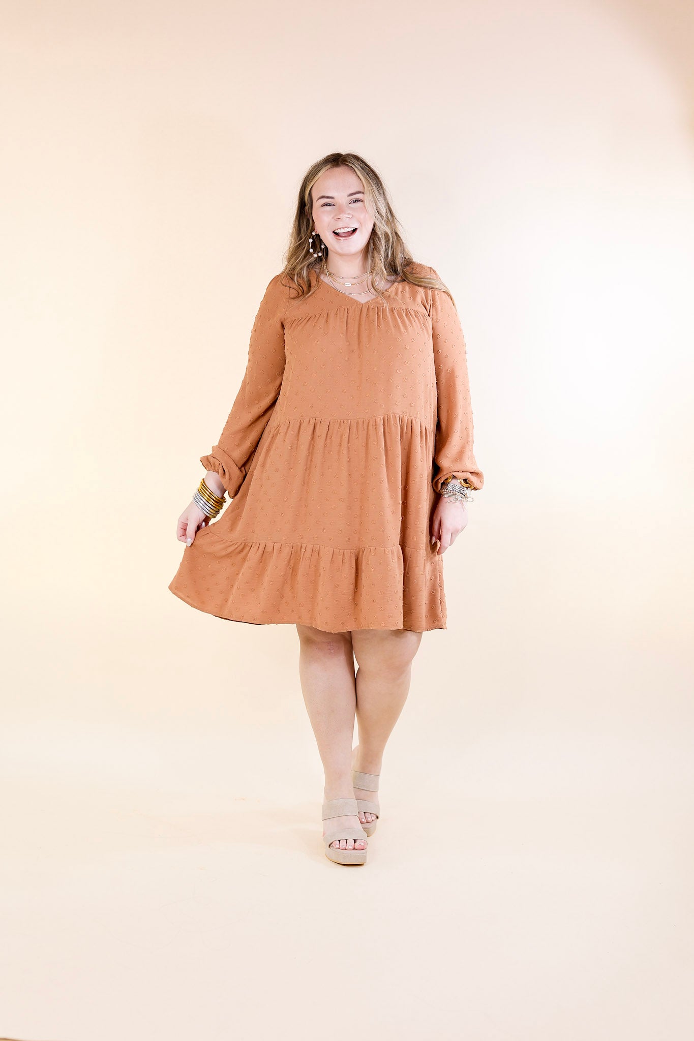 Hey Girl Long Sleeve Swiss Dot Dress in Clay Brown