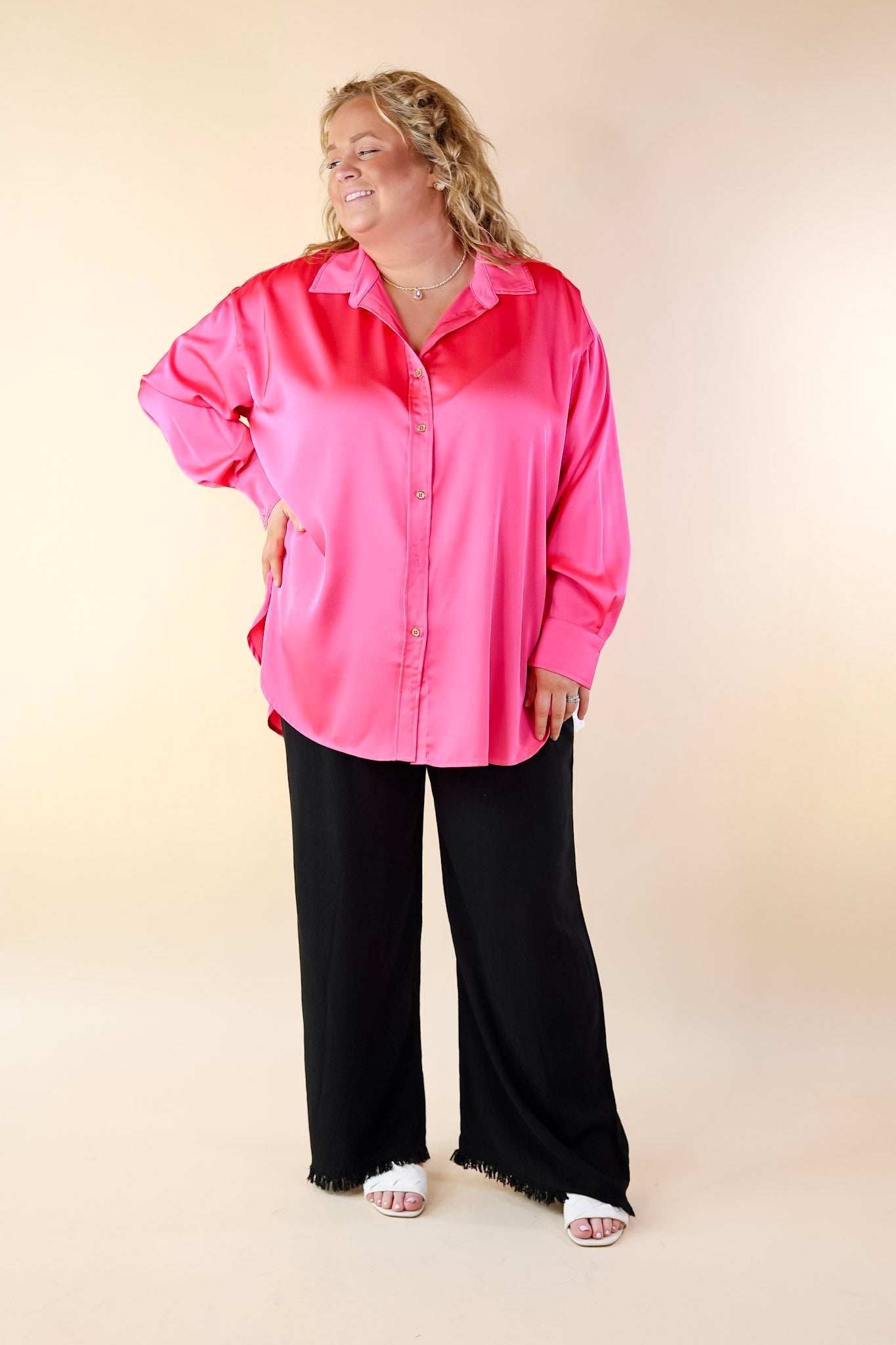 Tell Me Something Good Long Sleeve Button Up Top in Hot Pink - Giddy Up Glamour Boutique