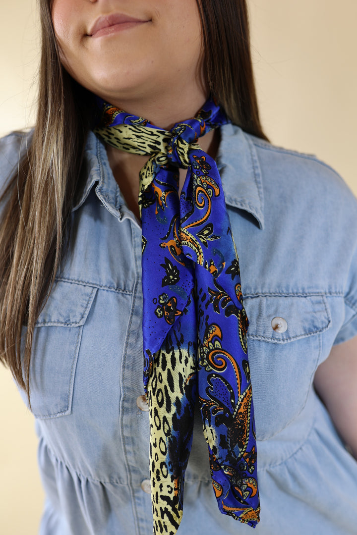 Paisley Peacock Charmeuse Wild Rag in Royal Blue - Giddy Up Glamour Boutique