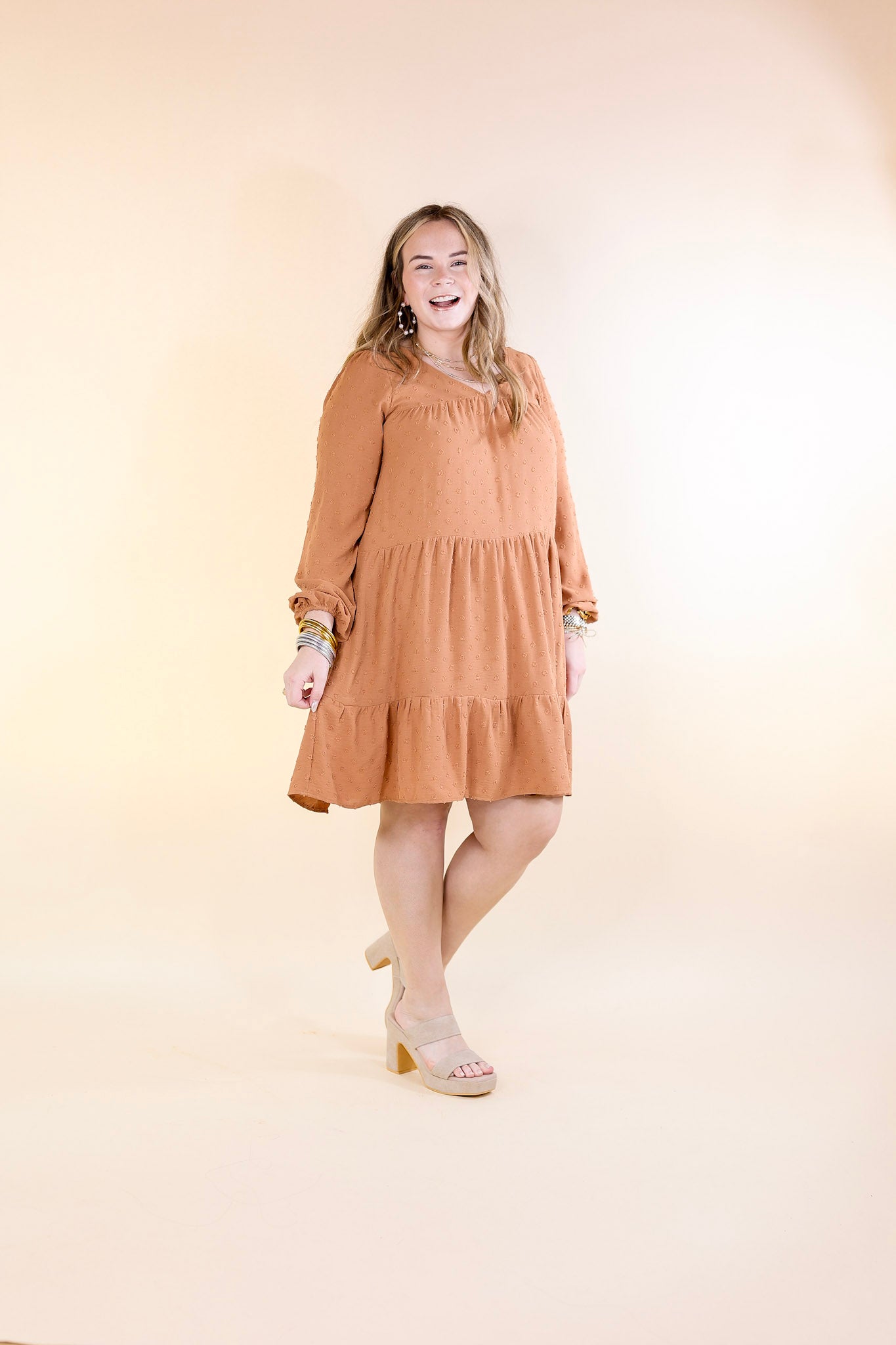 Hey Girl Long Sleeve Swiss Dot Dress in Clay Brown