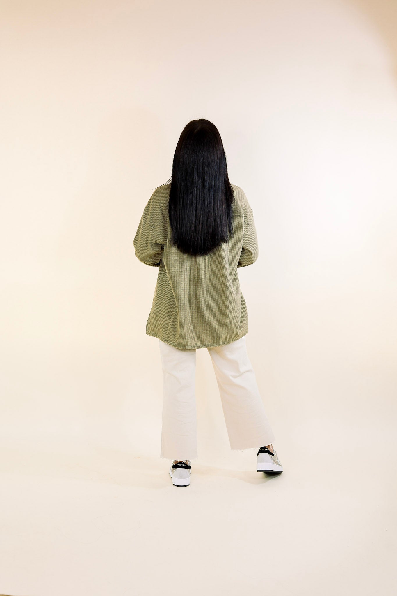 Cozy Welcome Waffle Knit Collared Top with Long Sleeves in Olive Green