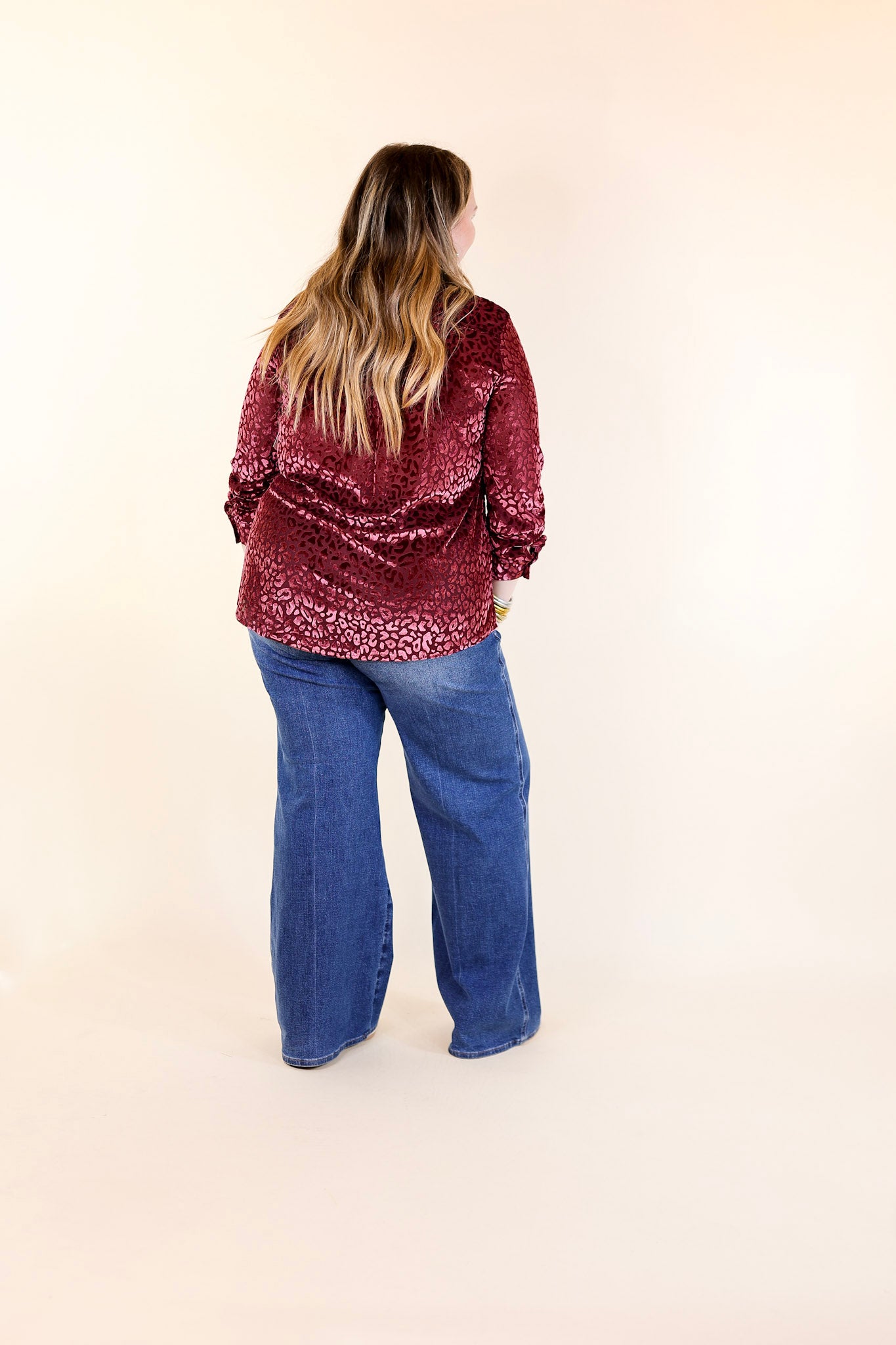 Candy Apple Evening Button Up Animal Print Velvet Long Sleeve Blouse in Wine Red