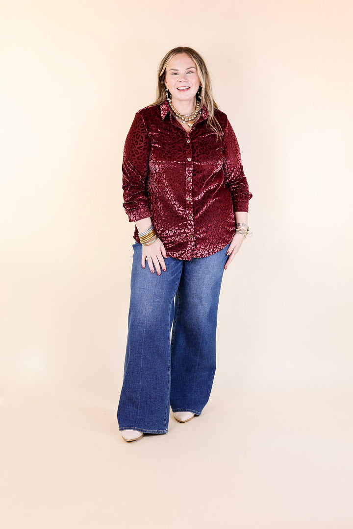 Candy Apple Evening Button Up Animal Print Velvet Long Sleeve Blouse in Wine Red