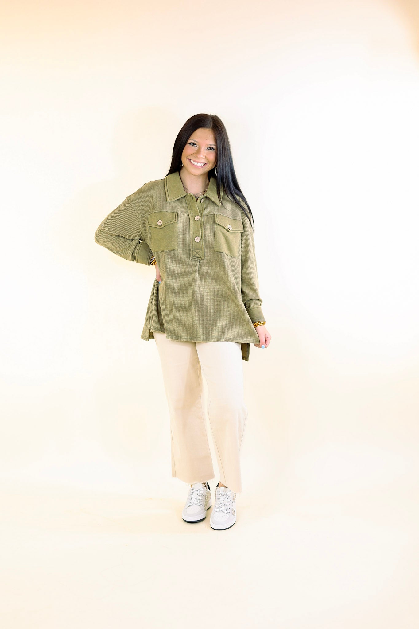 Cozy Welcome Waffle Knit Collared Top with Long Sleeves in Olive Green