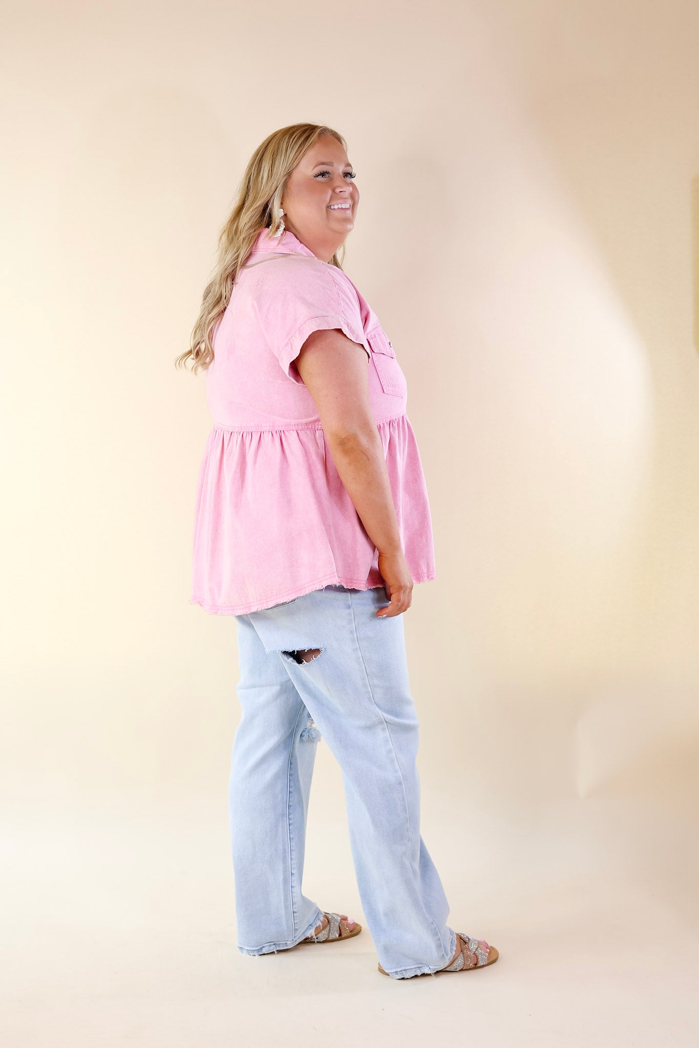 Forever and Ever Button Up Short Sleeve Denim Babydoll Top in Washed Pink - Giddy Up Glamour Boutique