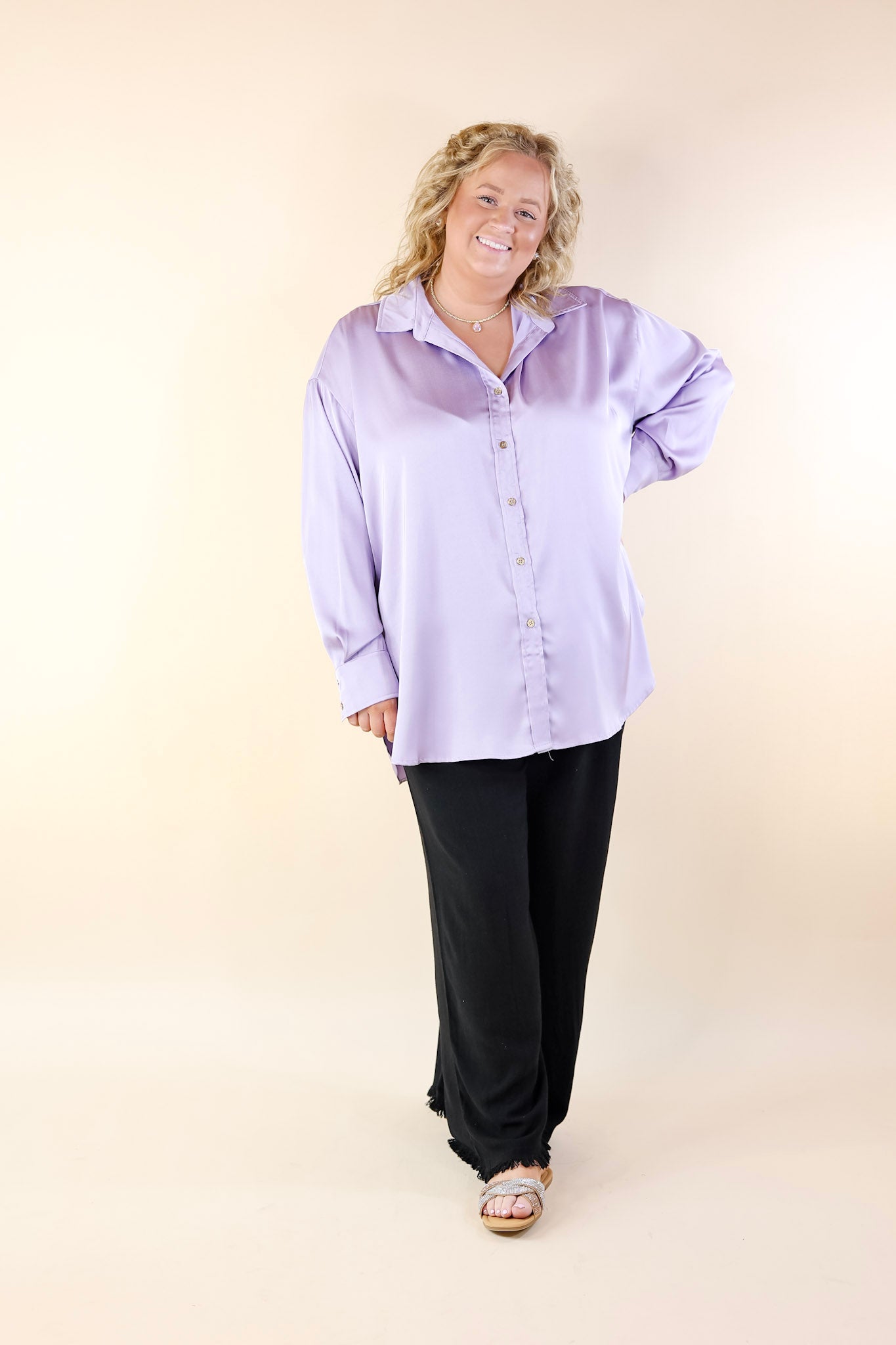 Tell Me Something Good Long Sleeve Button Up Top in Lavender Purple - Giddy Up Glamour Boutique