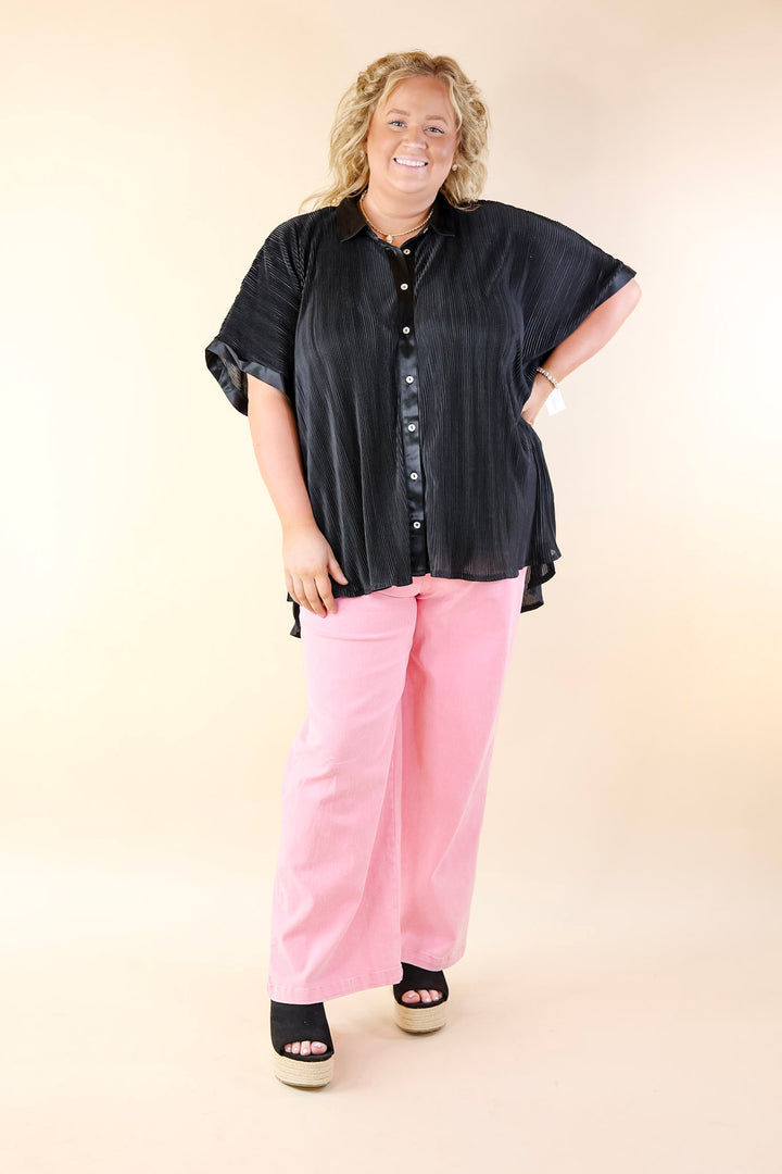 Walking In Paradise Plissé Button Up Top in Black - Giddy Up Glamour Boutique