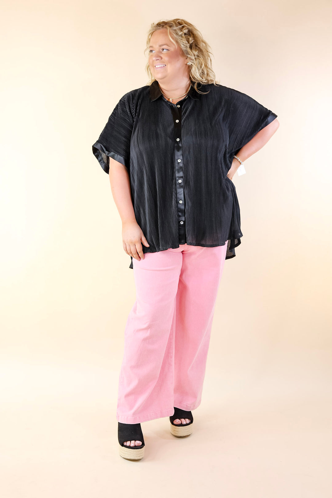 Walking In Paradise Plissé Button Up Top in Black - Giddy Up Glamour Boutique