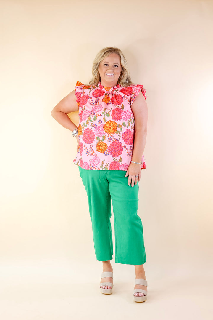 Blossom Breeze Floral Print Ruffle Cap Sleeve Top in Pink - Giddy Up Glamour Boutique