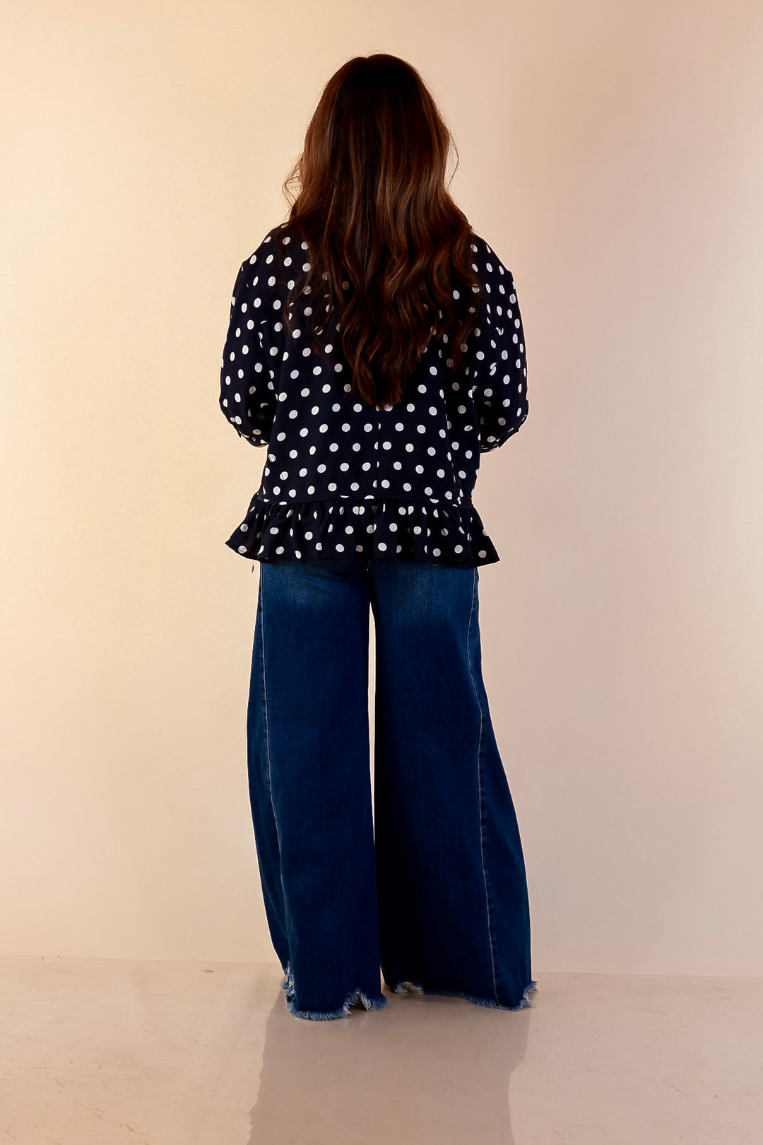Style Agenda Button Down Peplum Top with Polka Dot Print in Navy Blue with Cream Dots