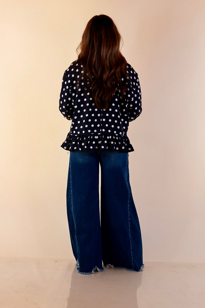 Style Agenda Button Down Peplum Top with Polka Dot Print in Navy Blue with Cream Dots