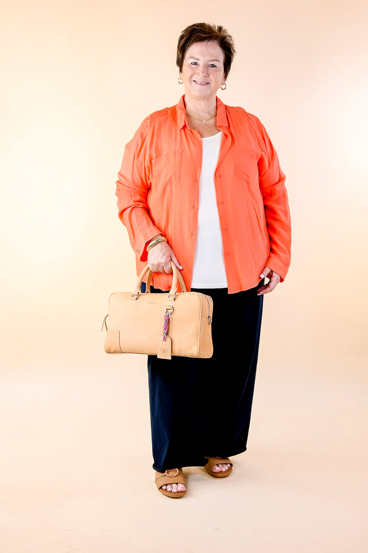 Effortlessly Charming Button Up With Crepe Fabric Top in Coral Orange - Giddy Up Glamour Boutique